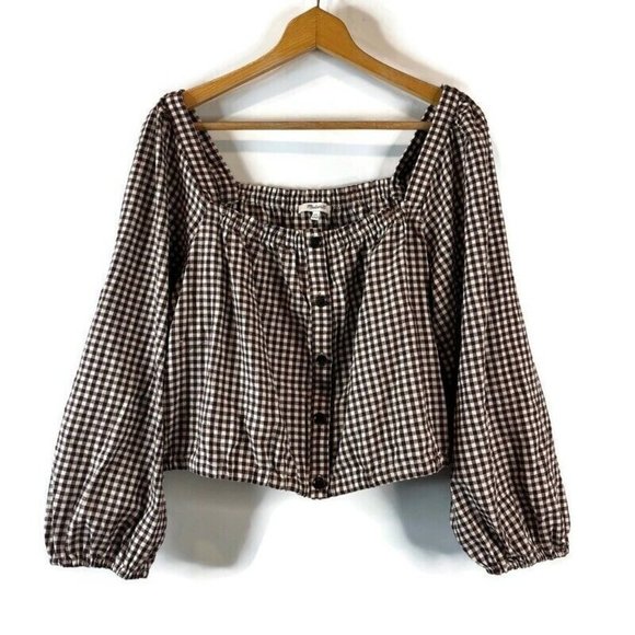 Madewell Tops - Madewell Womens Cropped Top Size XXL Plaid Flannel Peasant Button Up Square Neck